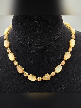 Anne Klein Necklace Gold Tone w/ Faceted Peach Crystals & Rhinestone Cabs